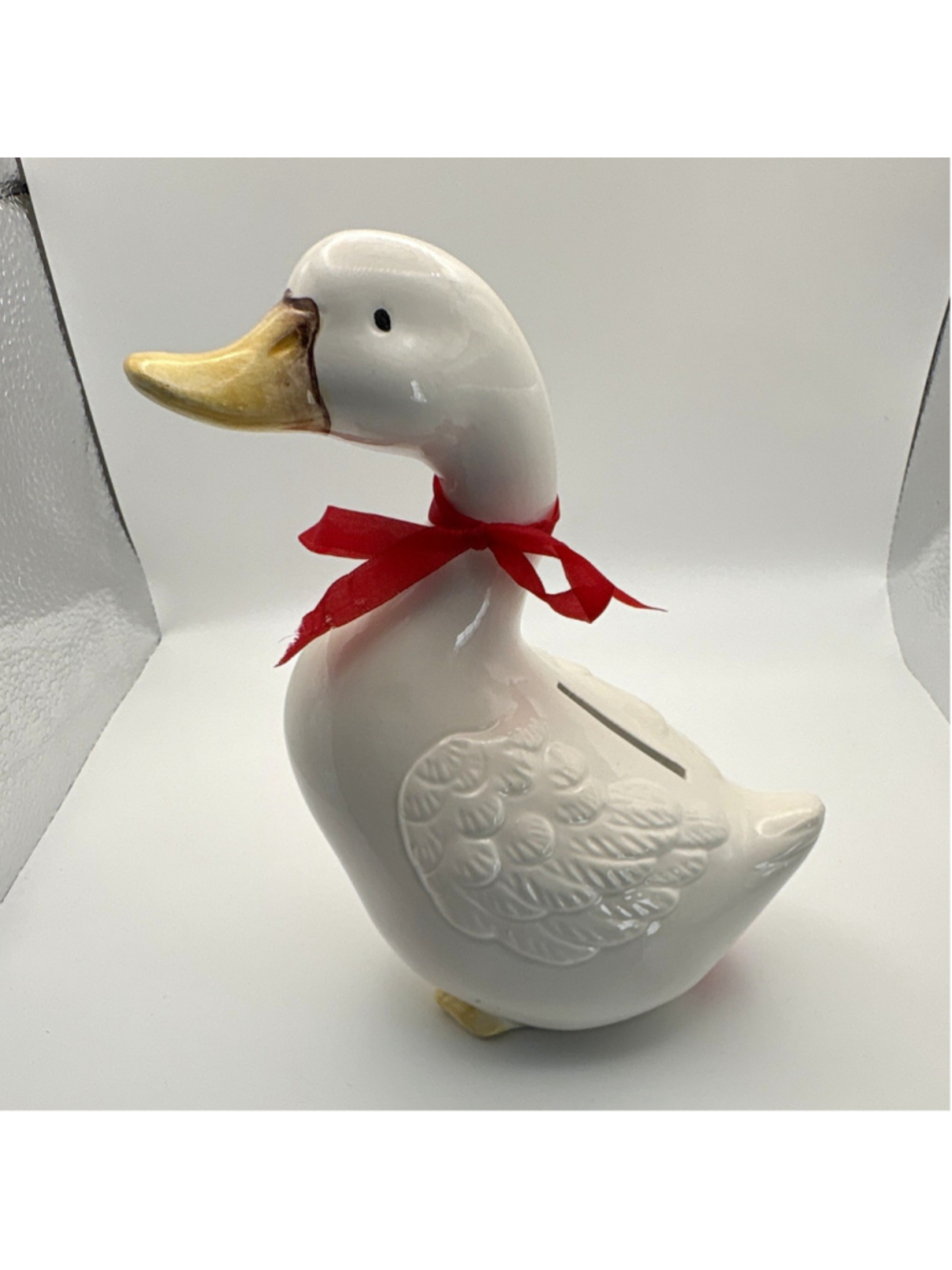 Farmhouse White Ceramic Goose Piggy Bank w/ Red Ribbon, Made in Taiwan ROC
